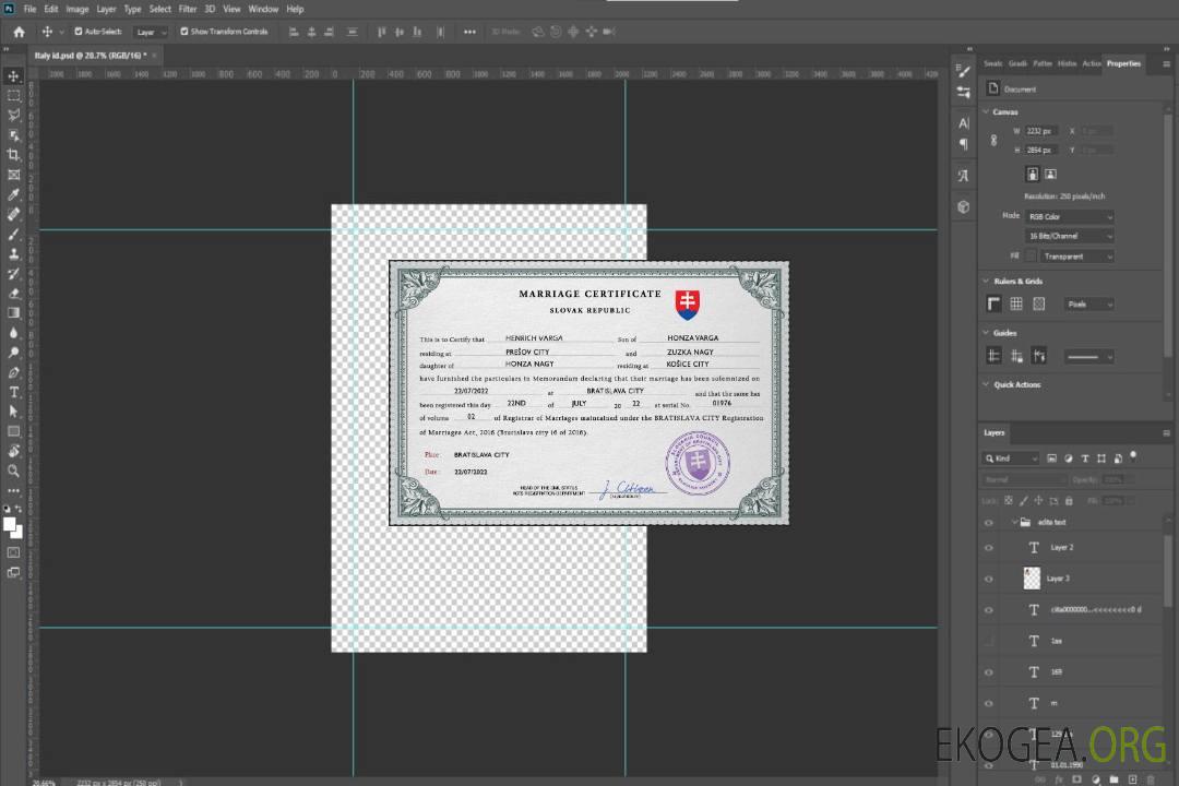 Modèle PSD de certificat de mariage en Slovaquie template